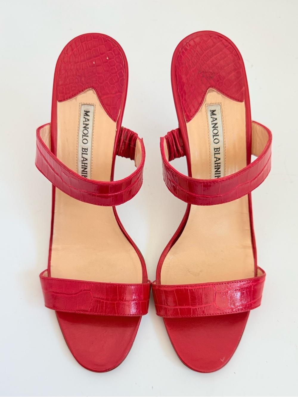 Manolo Blahnik Archival Y2K Red Crocodile Alligator Strappy Heels Sandals 40